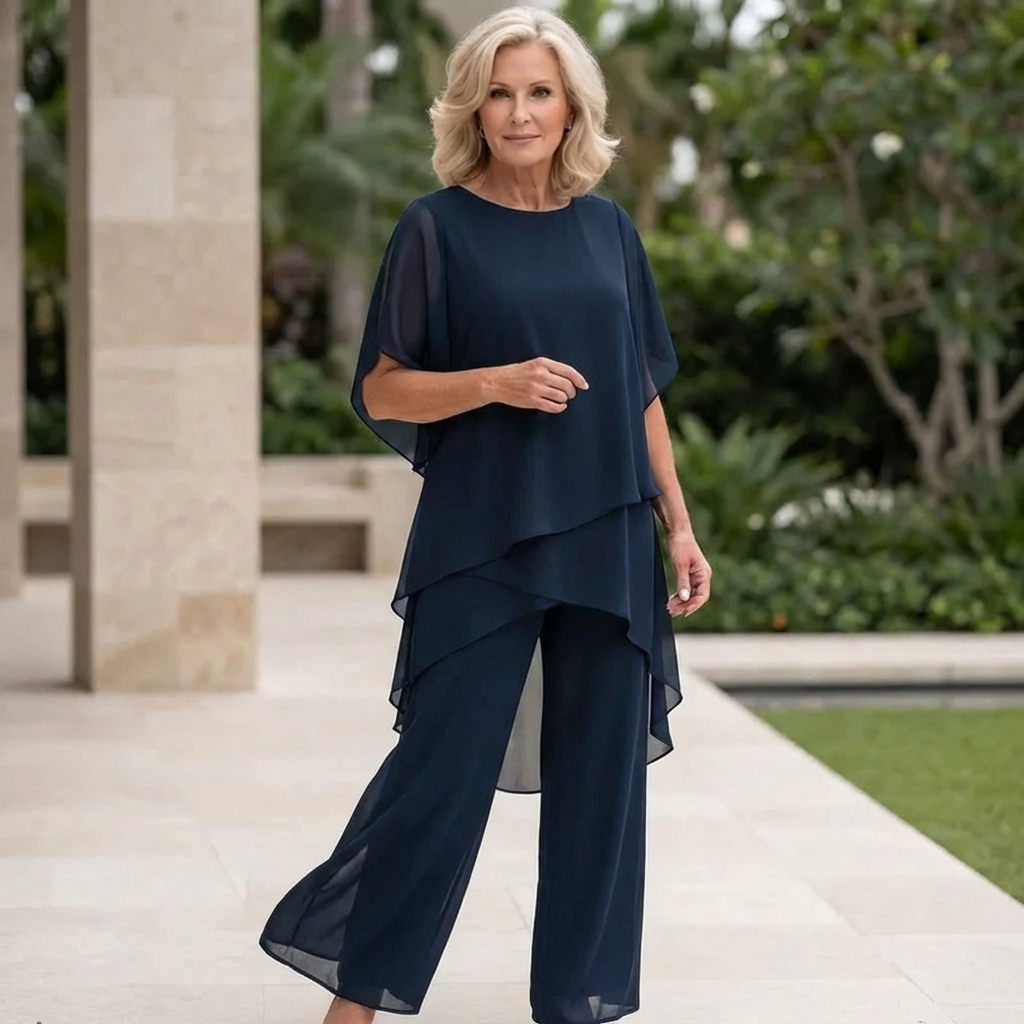 Chiffon Overlay Layered Top and Wide Leg Pants Two Piece Set 2