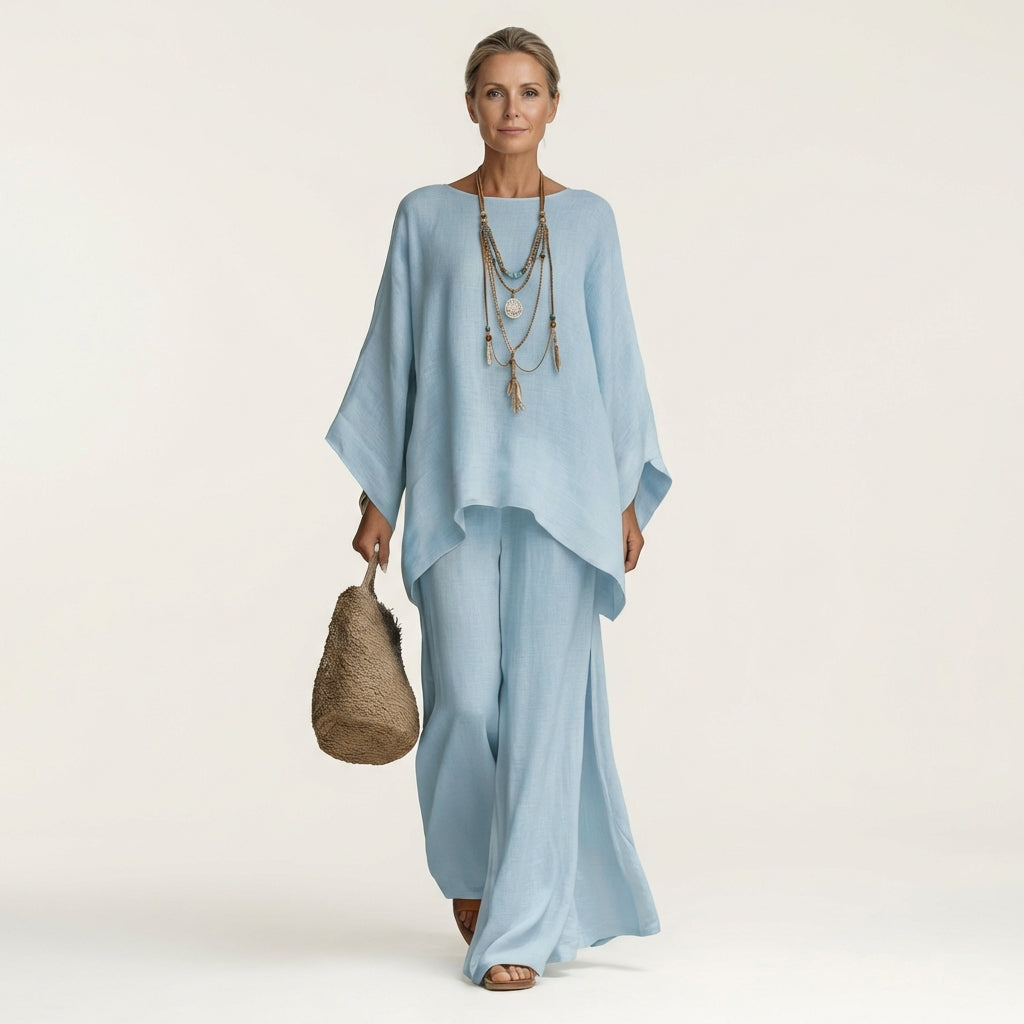 Linen Look Asymmetric Hem Top and Wide Leg Pants Two Piece Set 4
