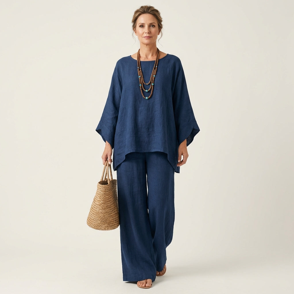 Linen Look Asymmetric Hem Top and Wide Leg Pants Two Piece Set 2