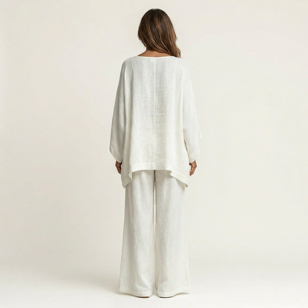 Linen Look Asymmetric Hem Top and Wide Leg Pants Two Piece Set 3