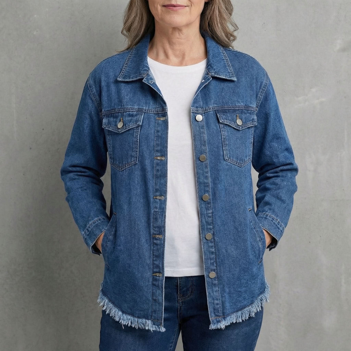 Button Front Frayed Hem Longline Denim Jacket