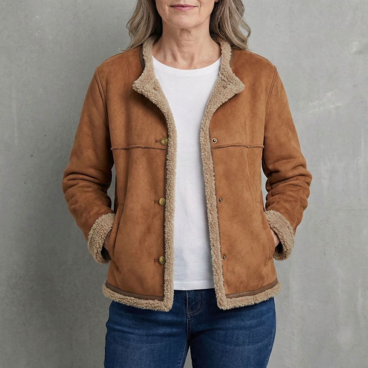 Faux Suede Shearling Lined Button Front Jacket