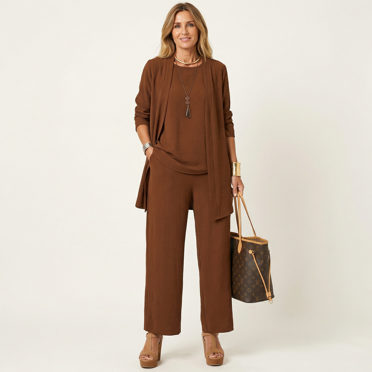 Long Sleeve Open Front Duster Top and Wide Leg Pants Three Piece Set 9