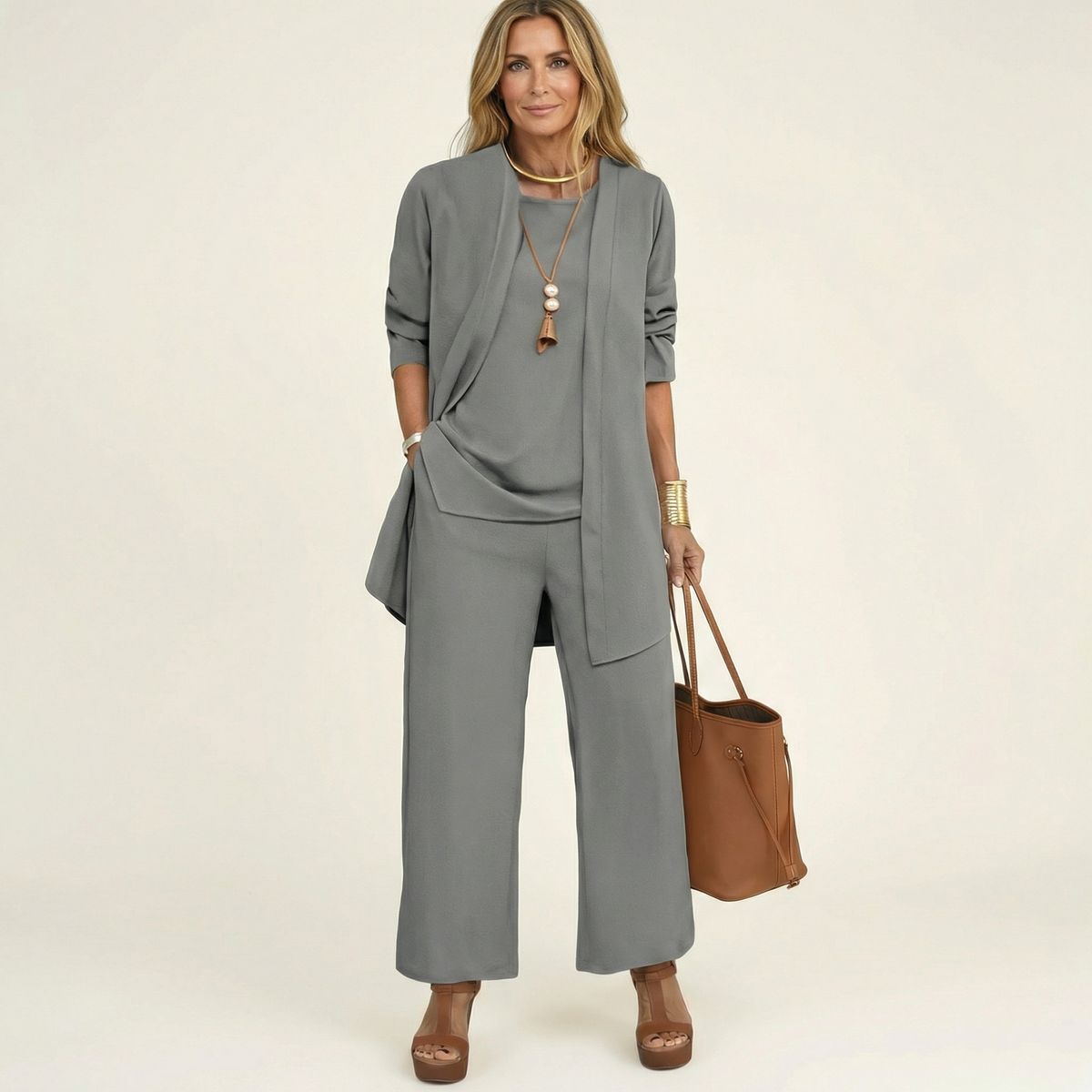 Long Sleeve Open Front Duster Top and Wide Leg Pants Three Piece Set 7