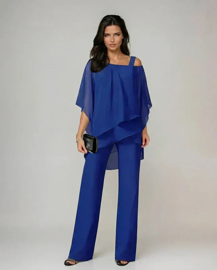 Cold Shoulder Cape Overlay Top and Wide Leg Pants Two Piece Set 3