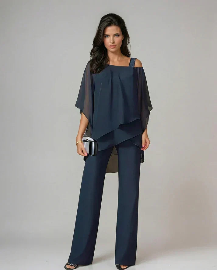 Cold Shoulder Cape Overlay Top and Wide Leg Pants Two Piece Set 4