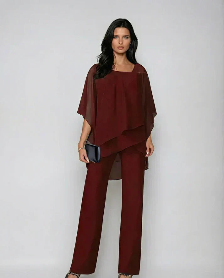 Cold Shoulder Cape Overlay Top and Wide Leg Pants Two Piece Set 5