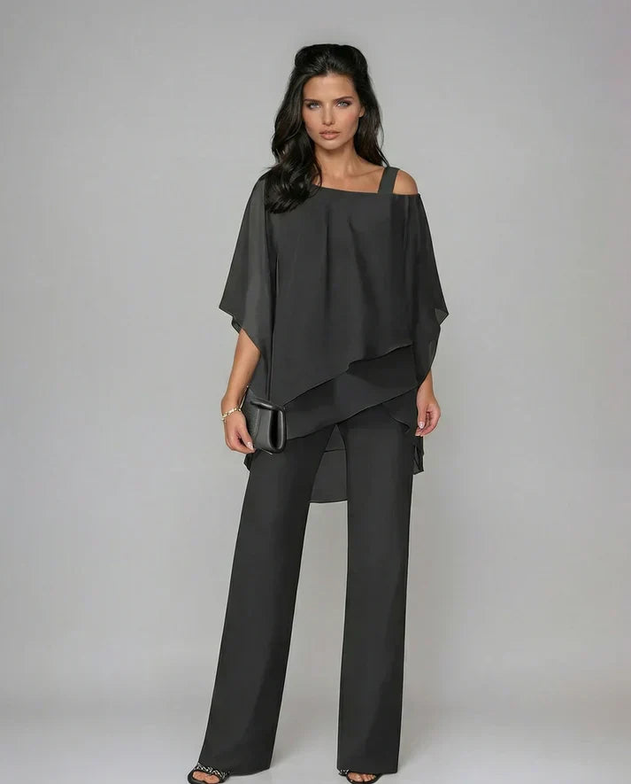 Cold Shoulder Cape Overlay Top and Wide Leg Pants Two Piece Set 2