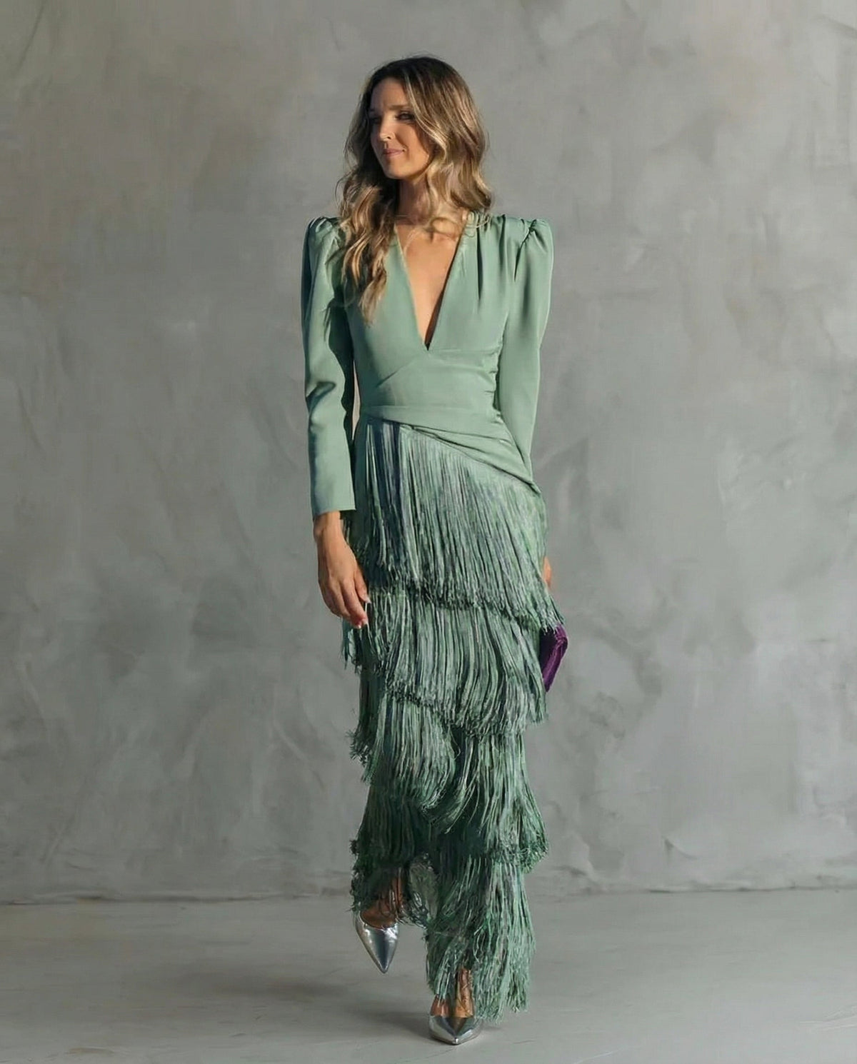 V-Neck Long Sleeve Fringe Tiered Midi Dress 3