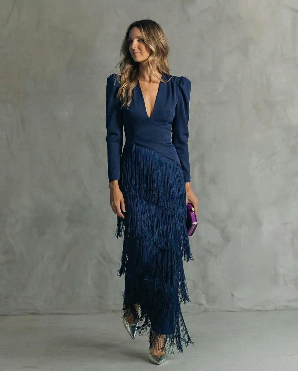 Deep V-Neck Long Sleeve Tiered Fringe Midi Dress 6