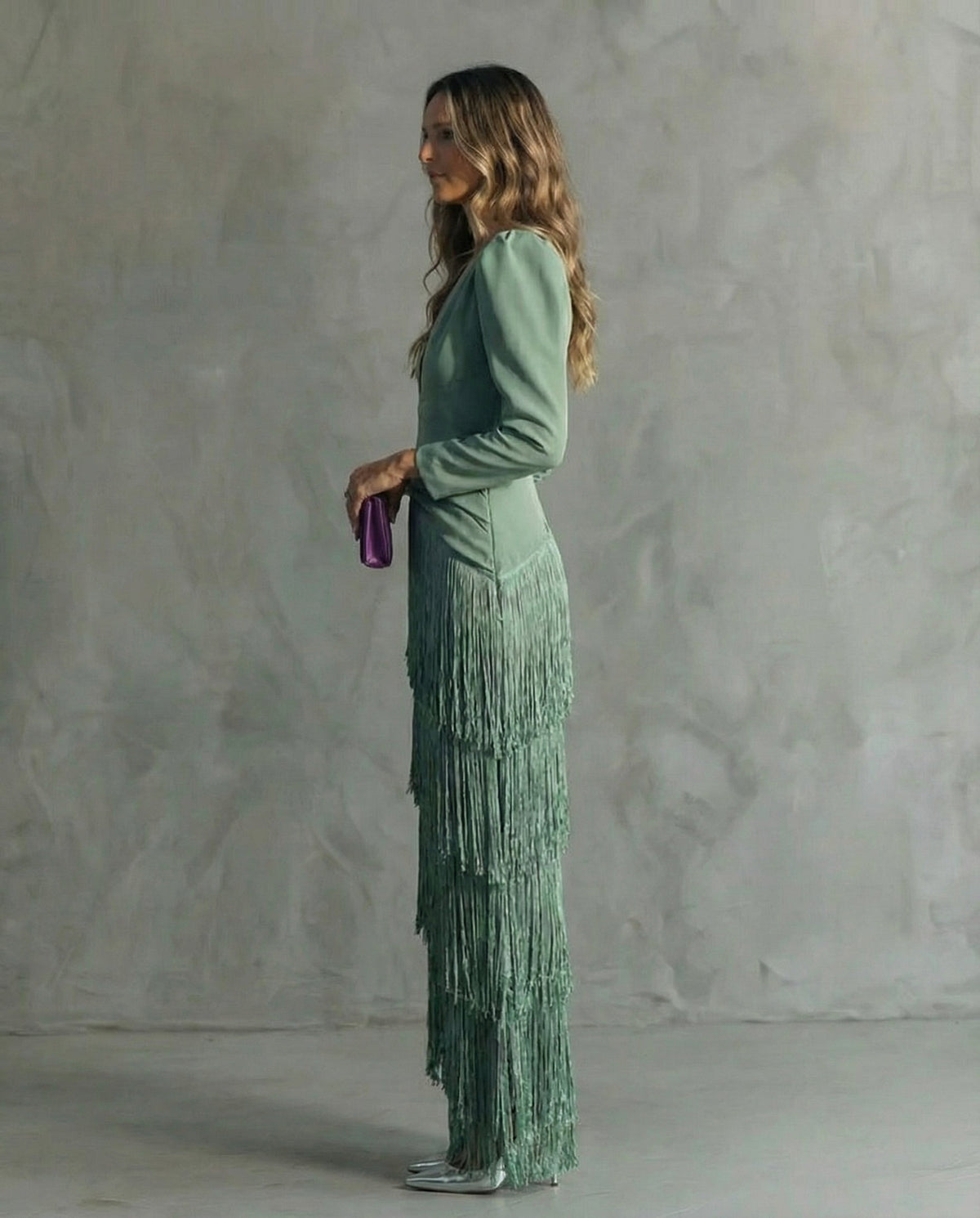 Deep V-Neck Long Sleeve Tiered Fringe Maxi Dress 6