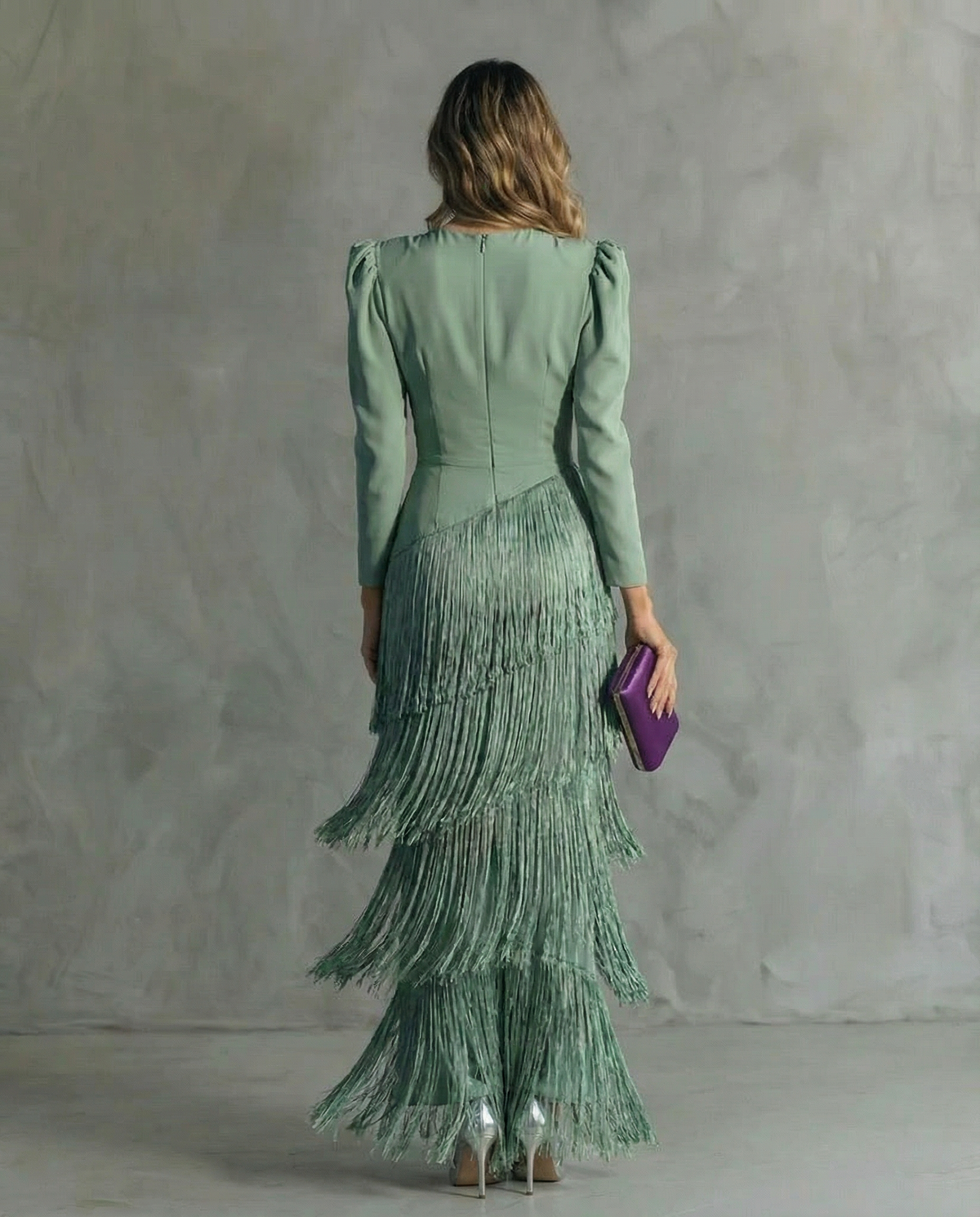 Deep V-Neck Long Sleeve Tiered Fringe Midi Dress 5