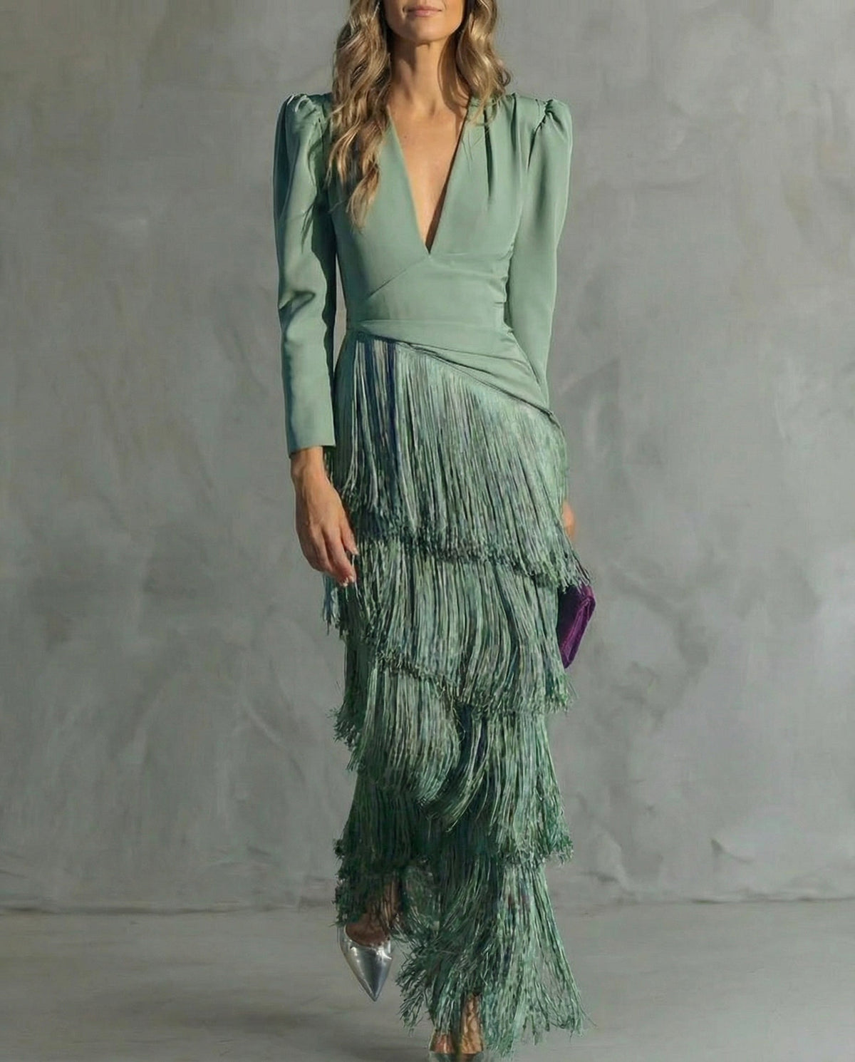 Deep V-Neck Long Sleeve Tiered Fringe Maxi Dress 5