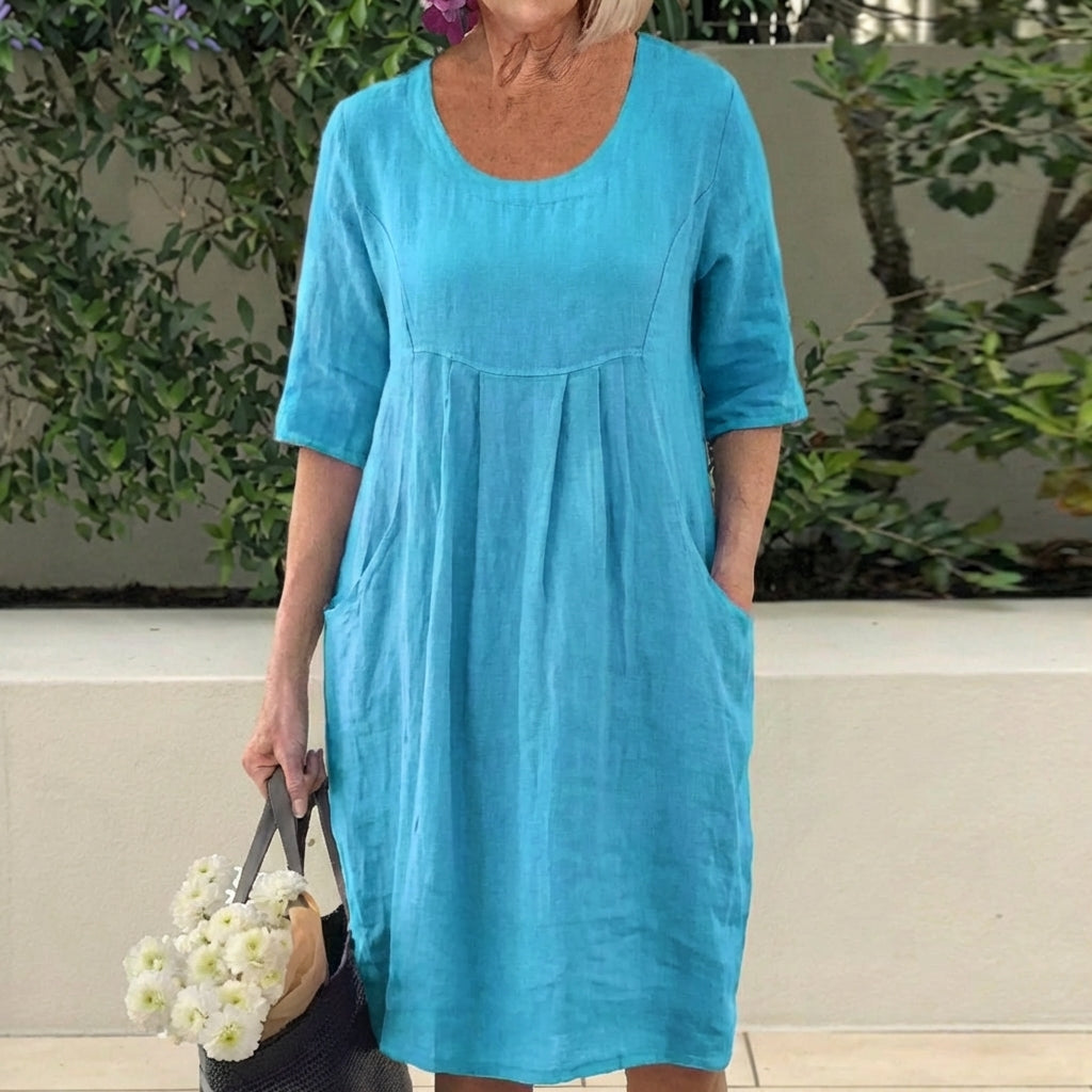 Round Neck Half Sleeve Pleated Pocket Midi Dress 2