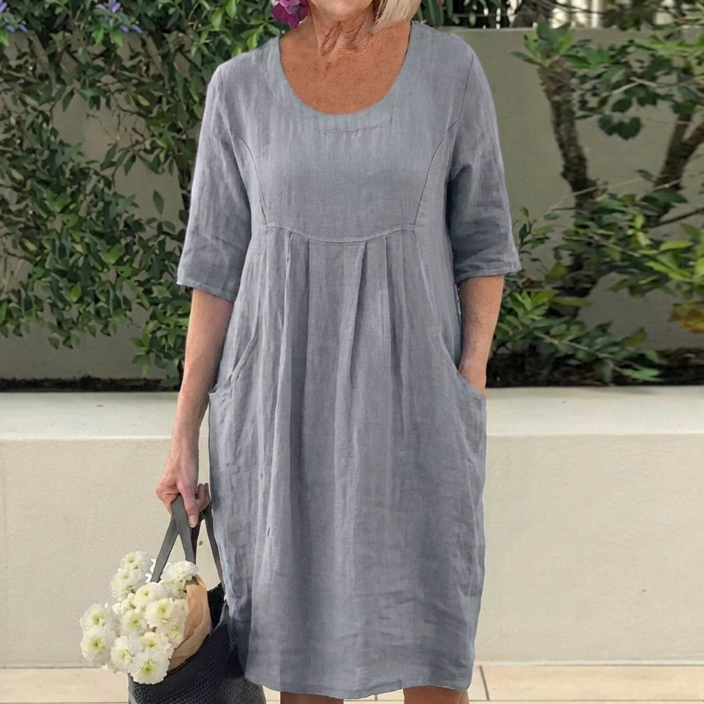 Round Neck Half Sleeve Pleated Pocket Midi Dress 5