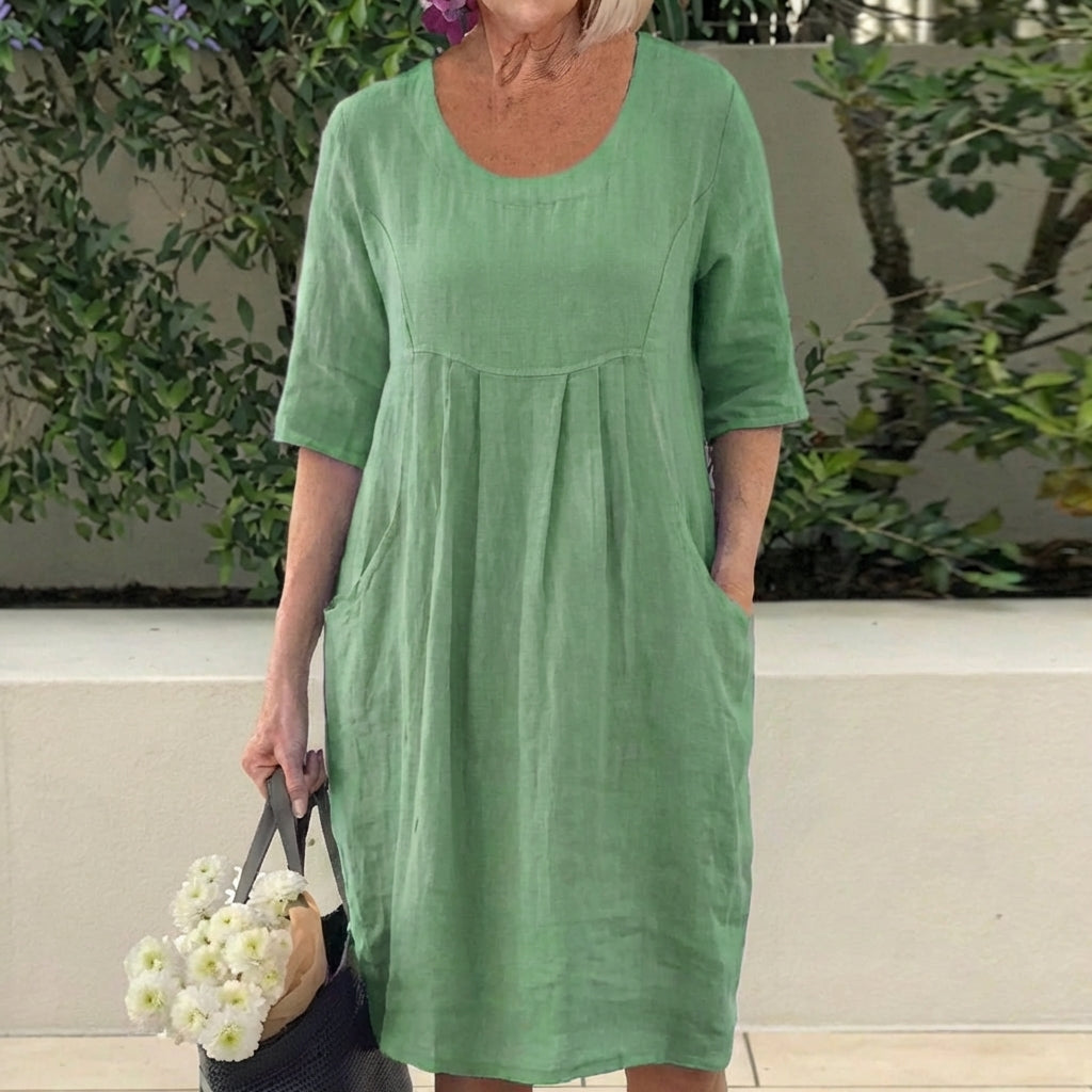 Round Neck Half Sleeve Pleated Pocket Midi Dress 4