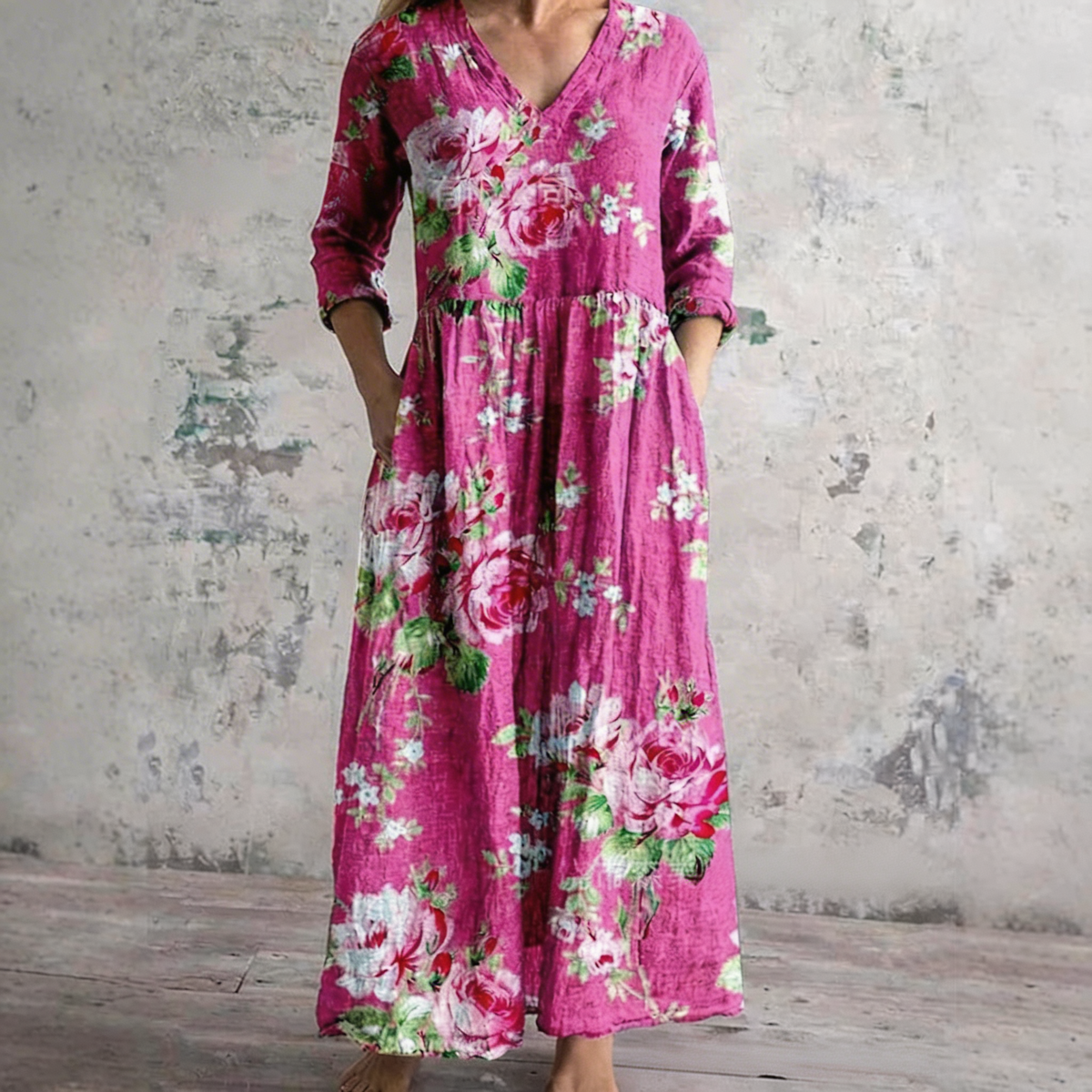 Rose Floral V-Neck Long Sleeve Button Tiered Maxi Dress