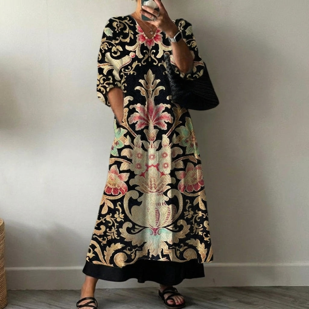 Baroque Scroll Print V-Neck Half Sleeve Layered Maxi Dress