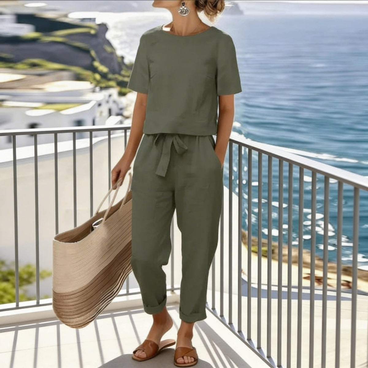 Short Sleeve Top and Tie Waist Tapered Pants Two Piece Set 4