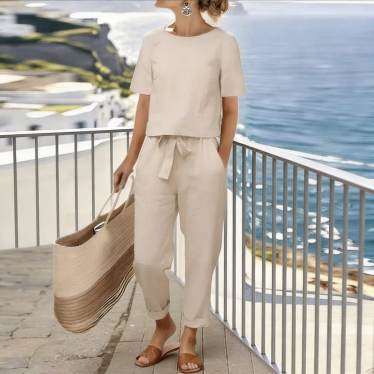 Short Sleeve Top and Tie Waist Tapered Pants Two Piece Set 2