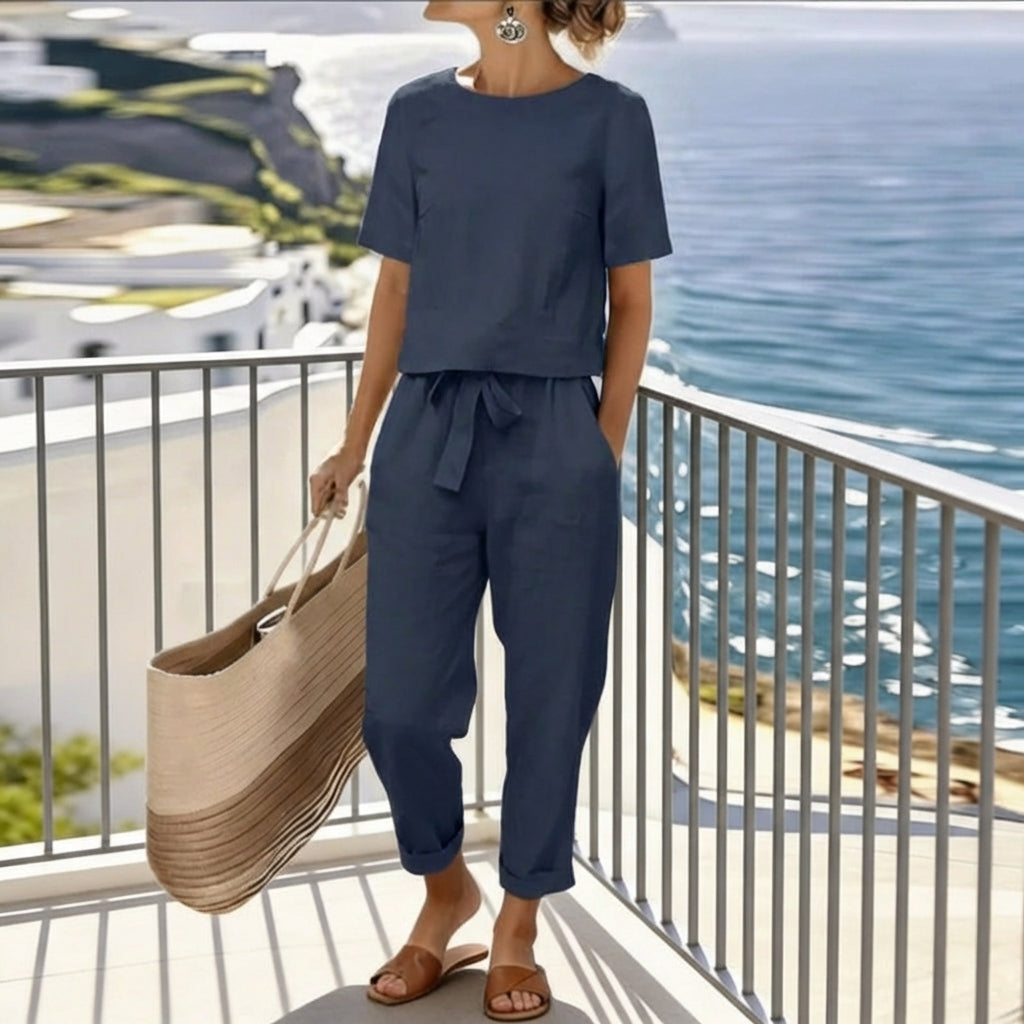 Short Sleeve Top and Tie Waist Tapered Pants Two Piece Set