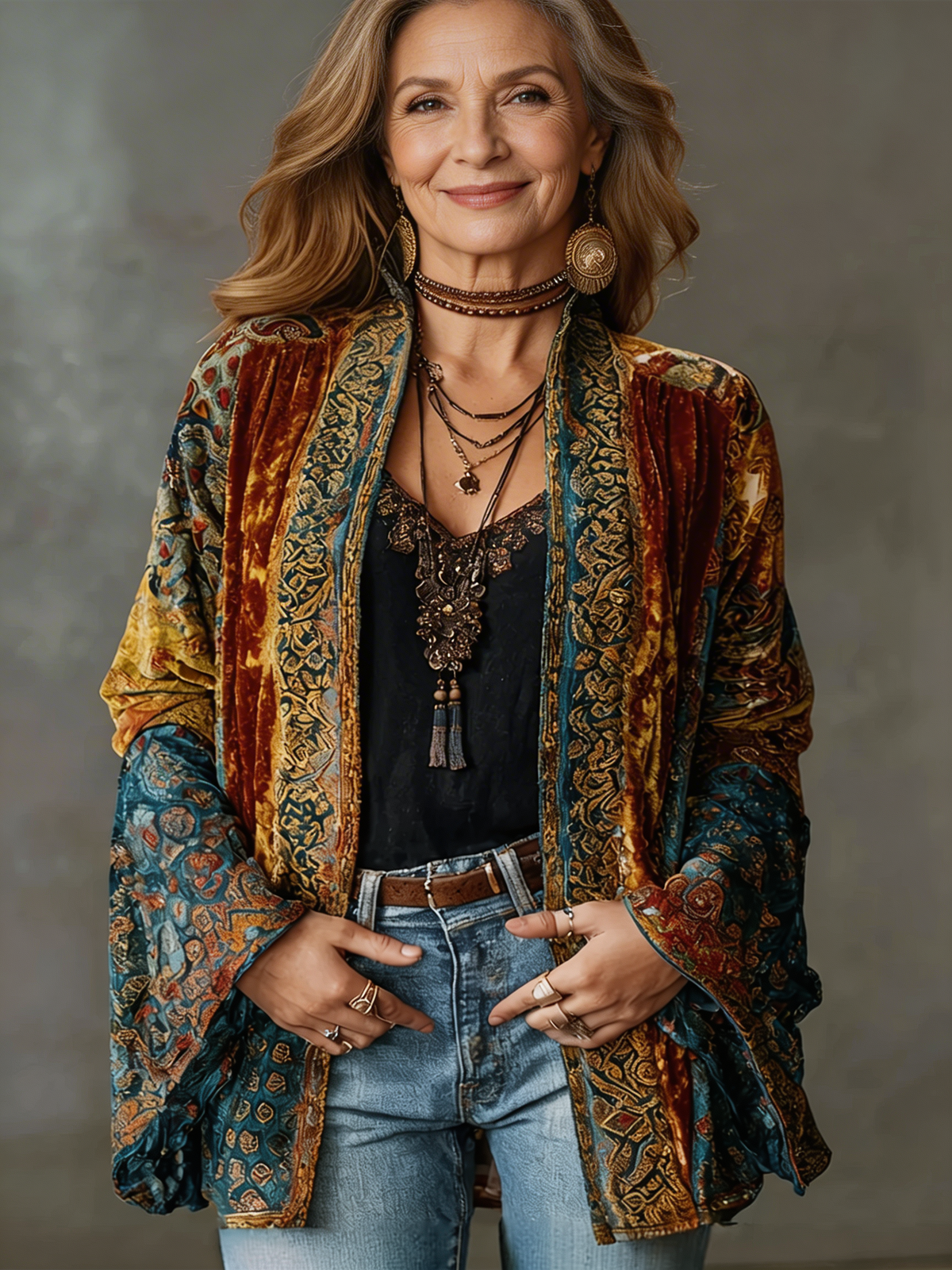 Paisley Print Velvet Open Front Kimono Jacket
