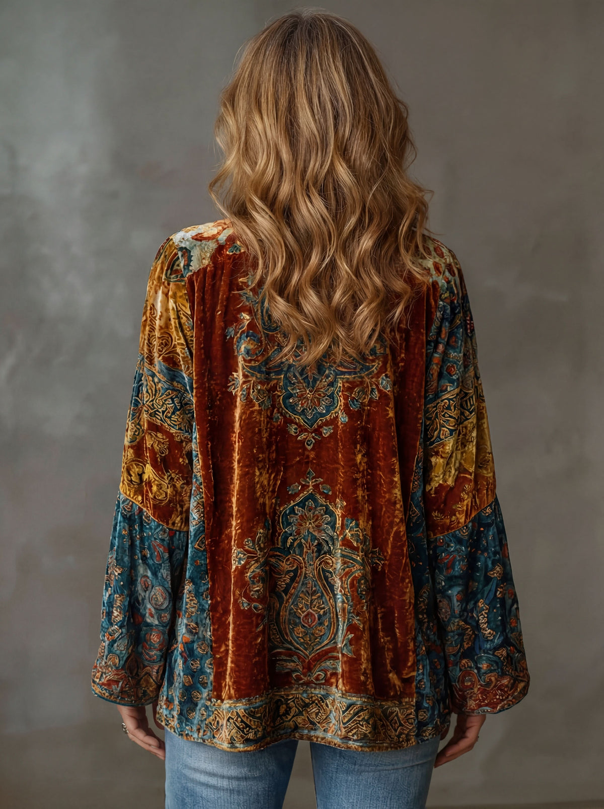 Paisley Print Velvet Look Open Front Kimono Jacket 3