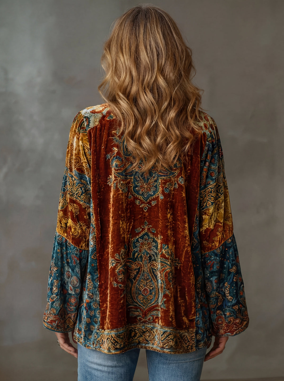 Paisley Print Velvet Open Front Kimono Jacket 3