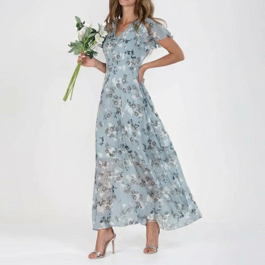 Floral V-Neck Flutter Sleeve Ruffle Maxi Dress