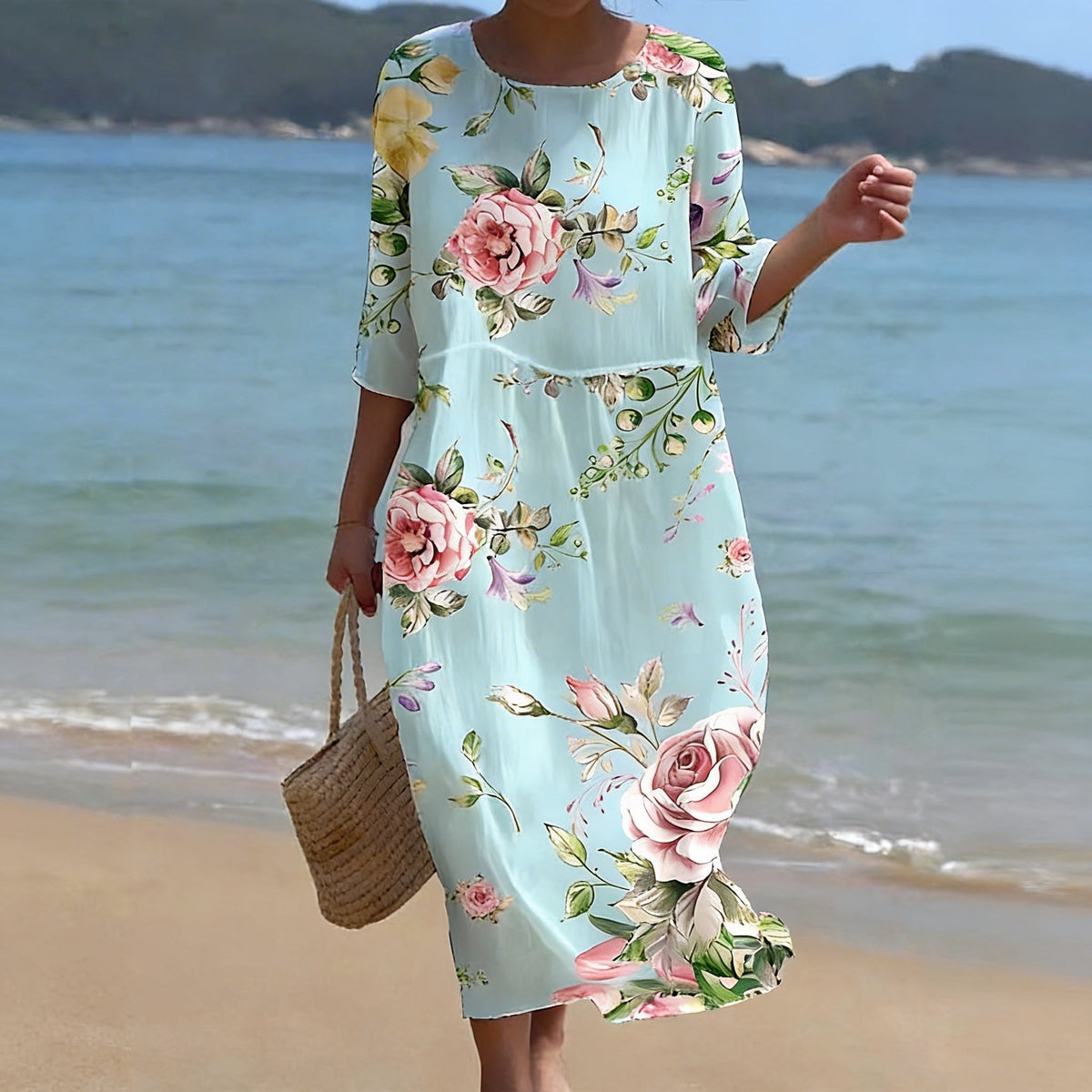 Floral Round Neck Three Quarter Sleeve Midi Dress