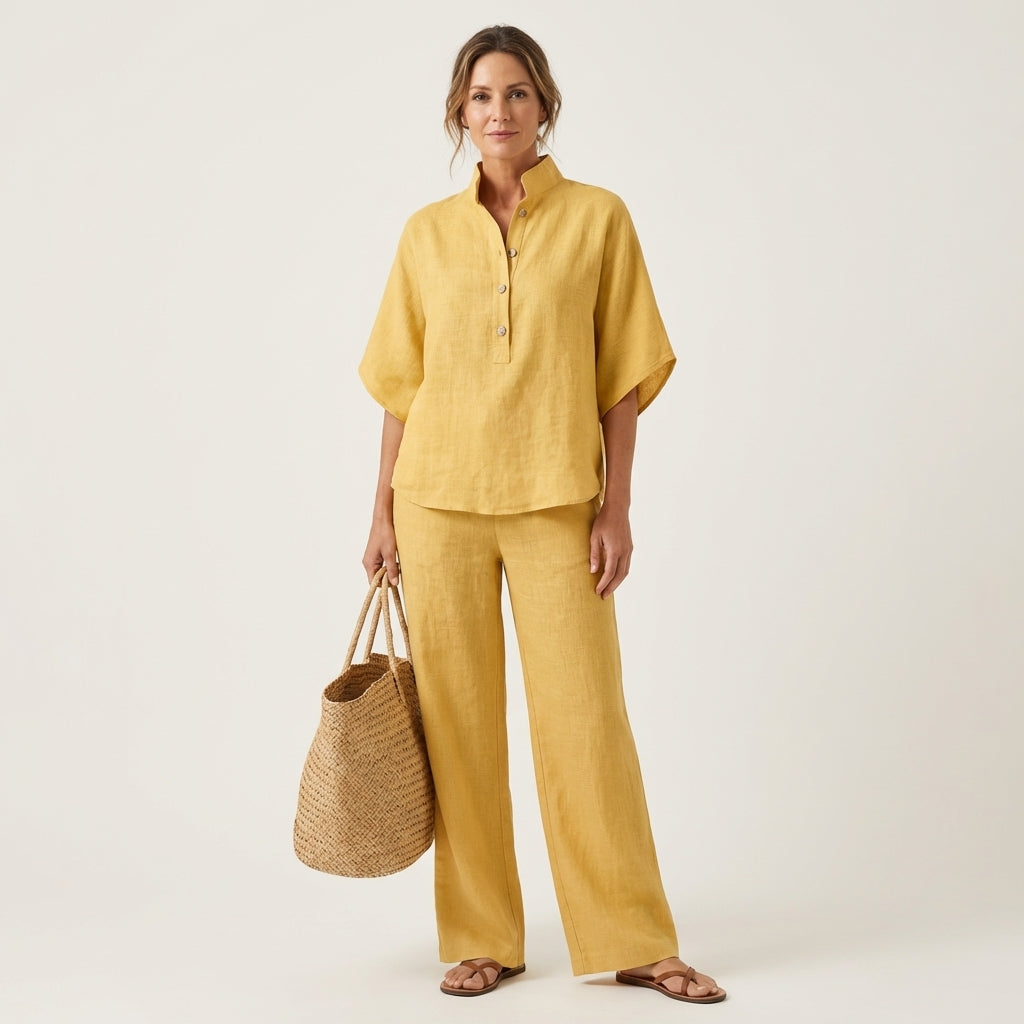 Button Placket Top and Wide Leg Pants Two Piece Set 9