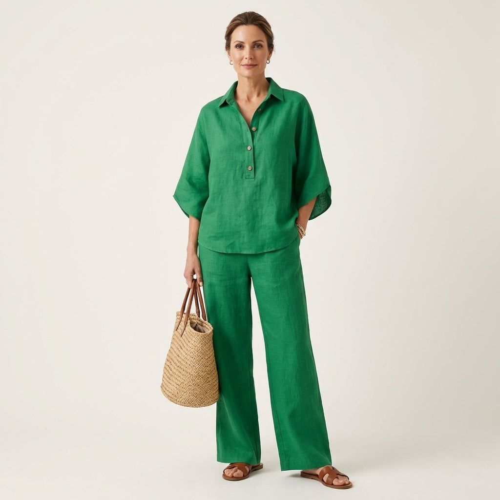 Button Placket Top and Wide Leg Pants Two Piece Set 3