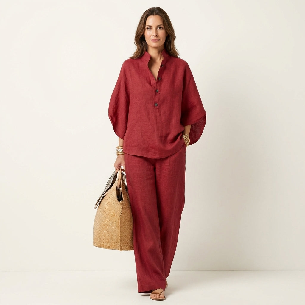 Half Placket Batwing Top and Wide Leg Pants Two Piece Set 13