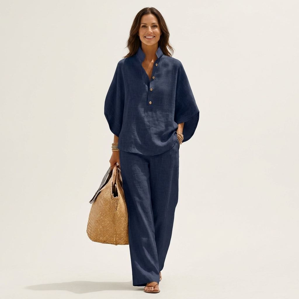 Button Placket Top and Wide Leg Pants Two Piece Set 5