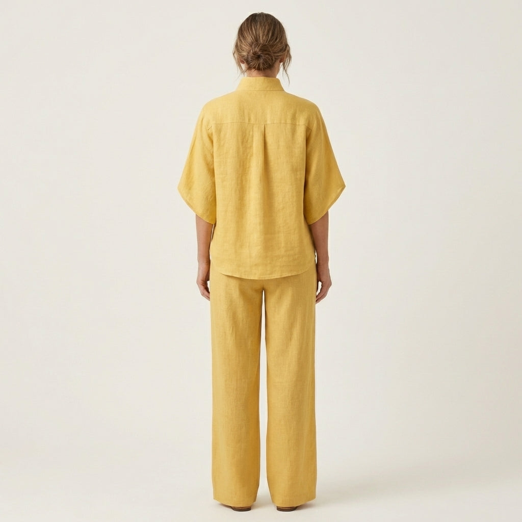 Button Placket Top and Wide Leg Pants Two Piece Set 10