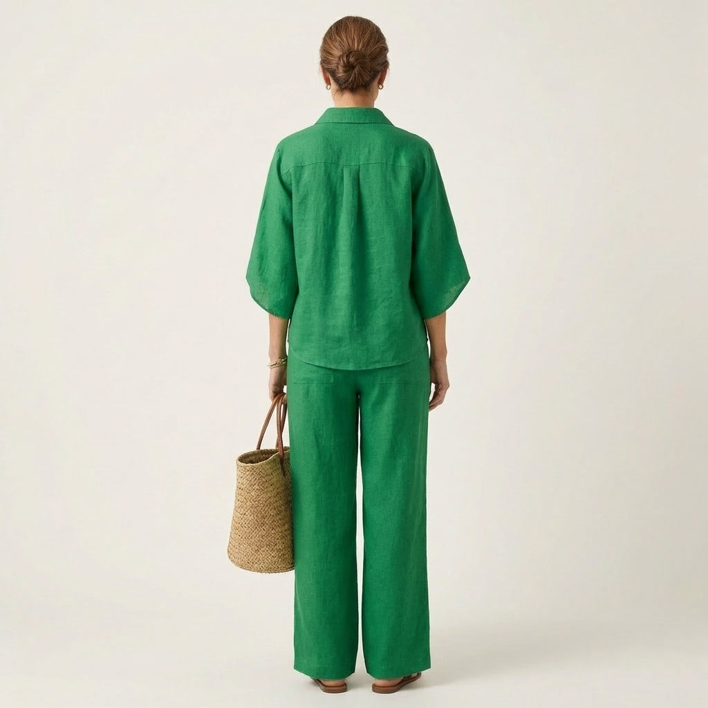 Half Placket Batwing Top and Wide Leg Pants Two Piece Set 4