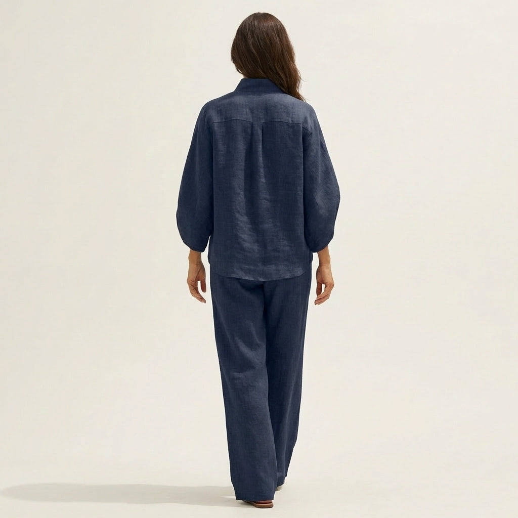 Button Placket Top and Wide Leg Pants Two Piece Set 6