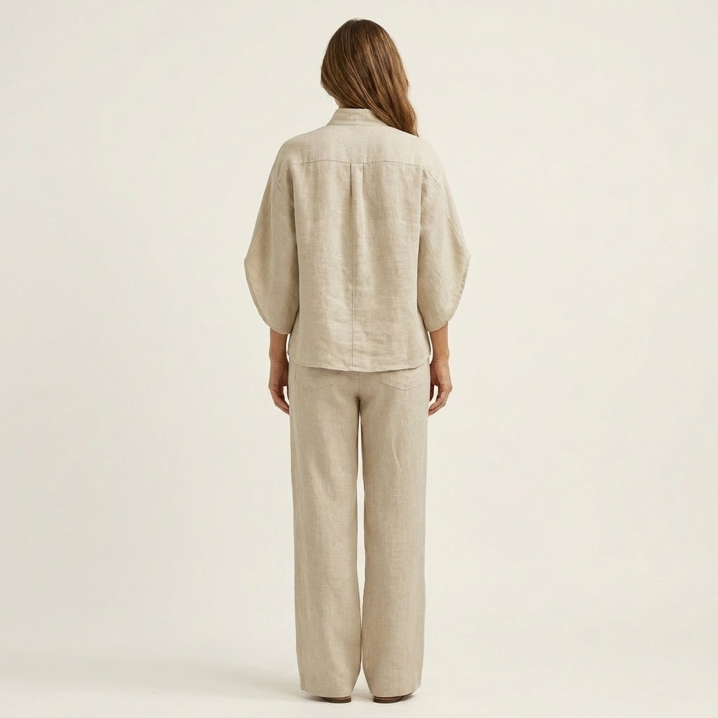 Button Placket Top and Wide Leg Pants Two Piece Set 2