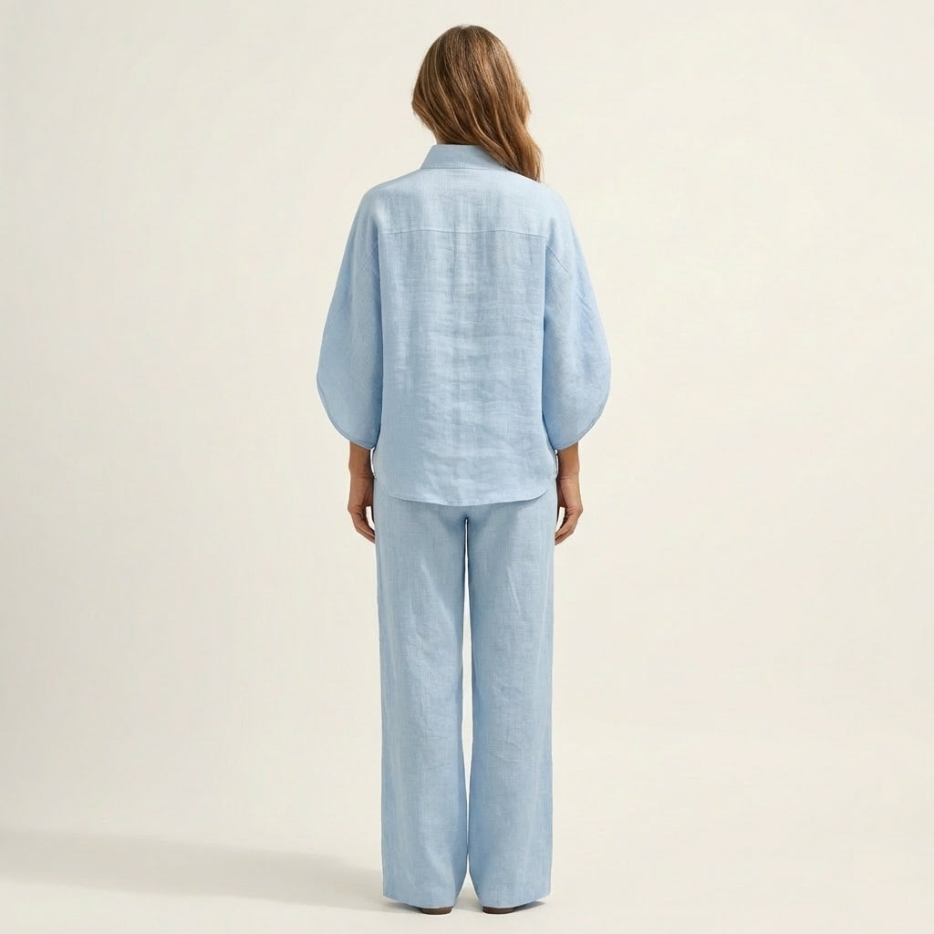 Button Placket Top and Wide Leg Pants Two Piece Set 8