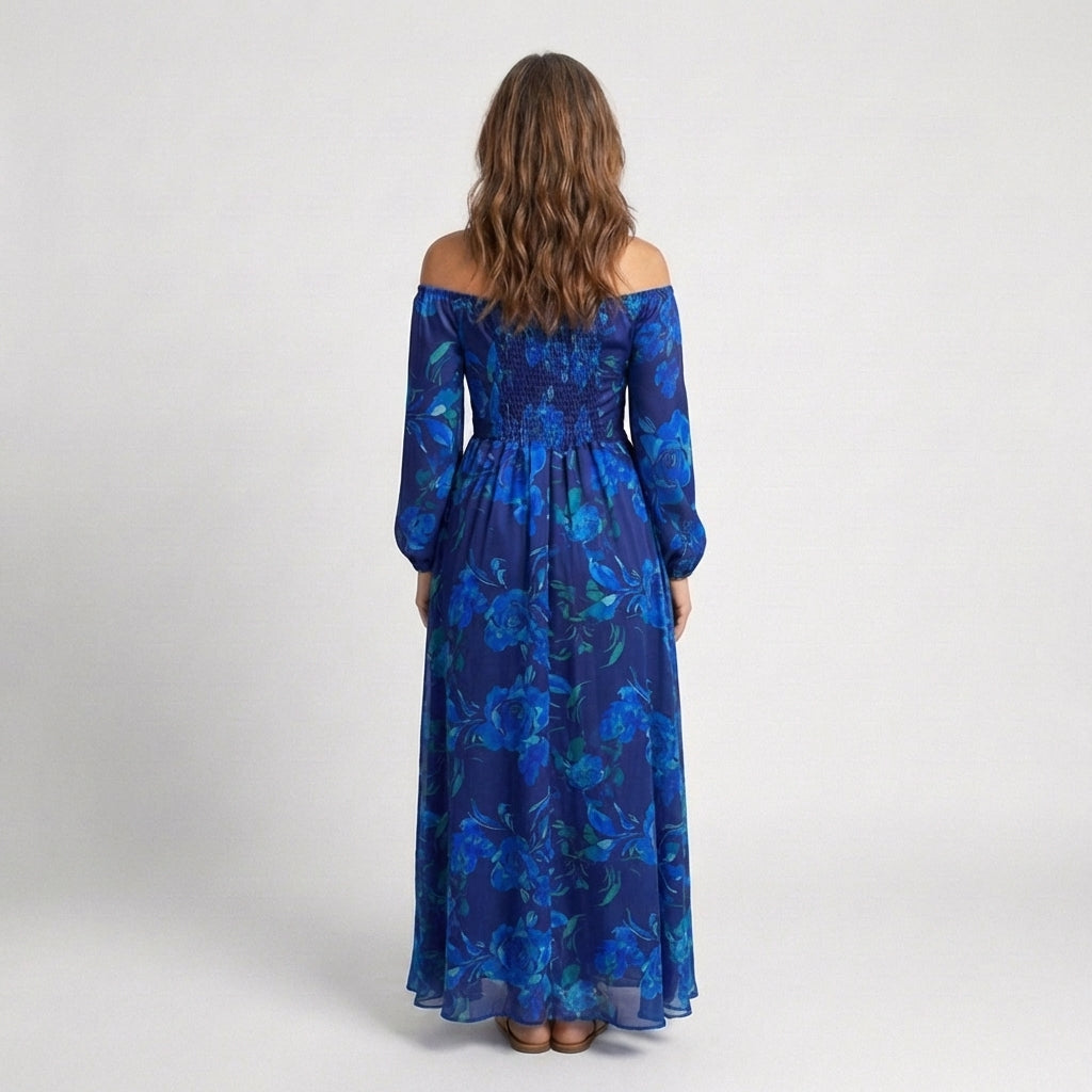 Floral Off Shoulder Long Sleeve Belted Maxi Dress 3
