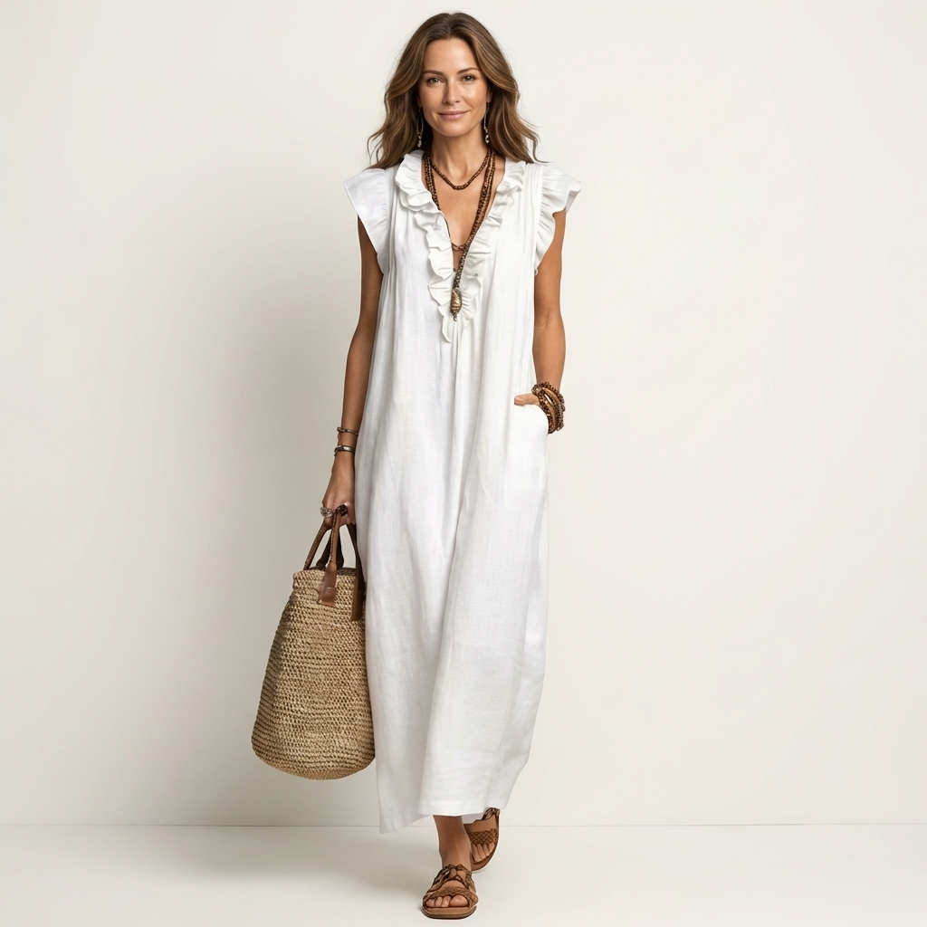 V-Neck Ruffle Trim Sleeveless Linen Maxi Dress 12