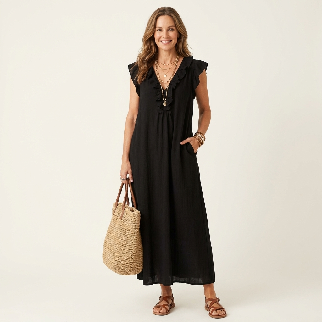 Ruffle V-Neck Sleeveless Linen Maxi Dress 10