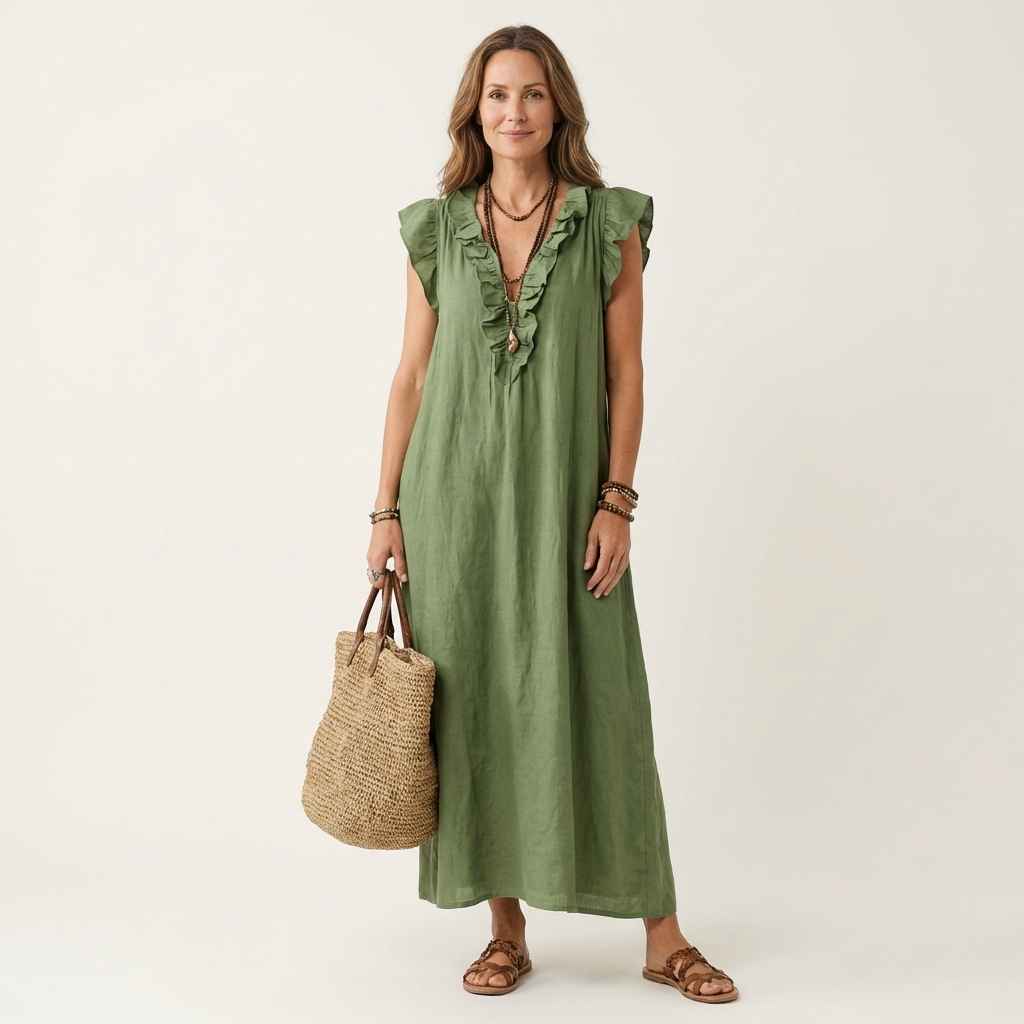 Ruffle V-Neck Sleeveless Linen Maxi Dress 7