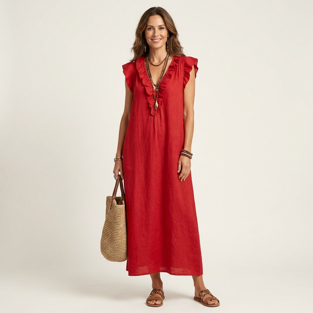 V-Neck Ruffle Trim Sleeveless Linen Maxi Dress 4