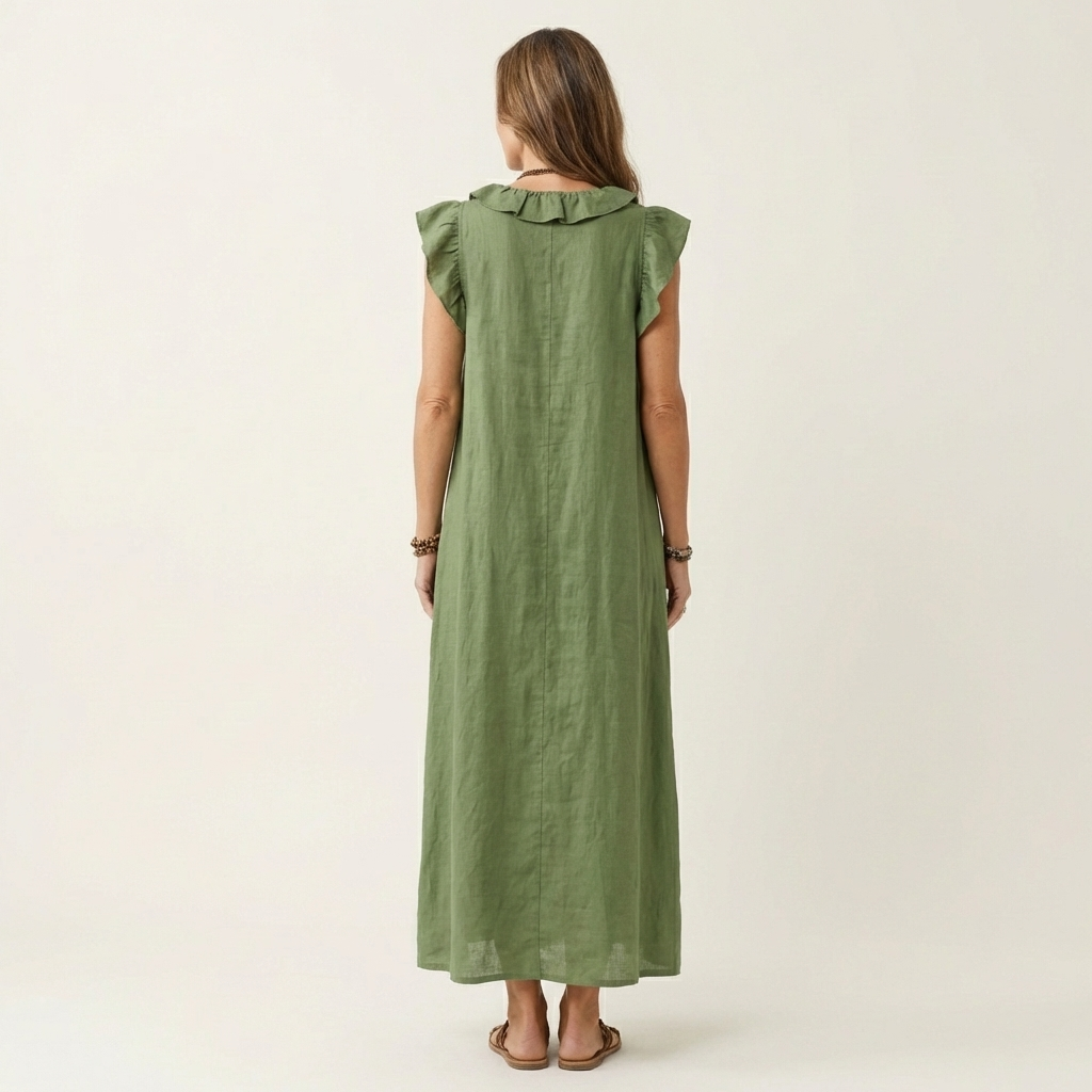 V-Neck Ruffle Trim Sleeveless Linen Maxi Dress 2