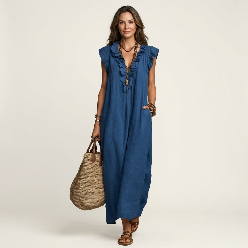 V-Neck Ruffle Trim Sleeveless Linen Maxi Dress 8