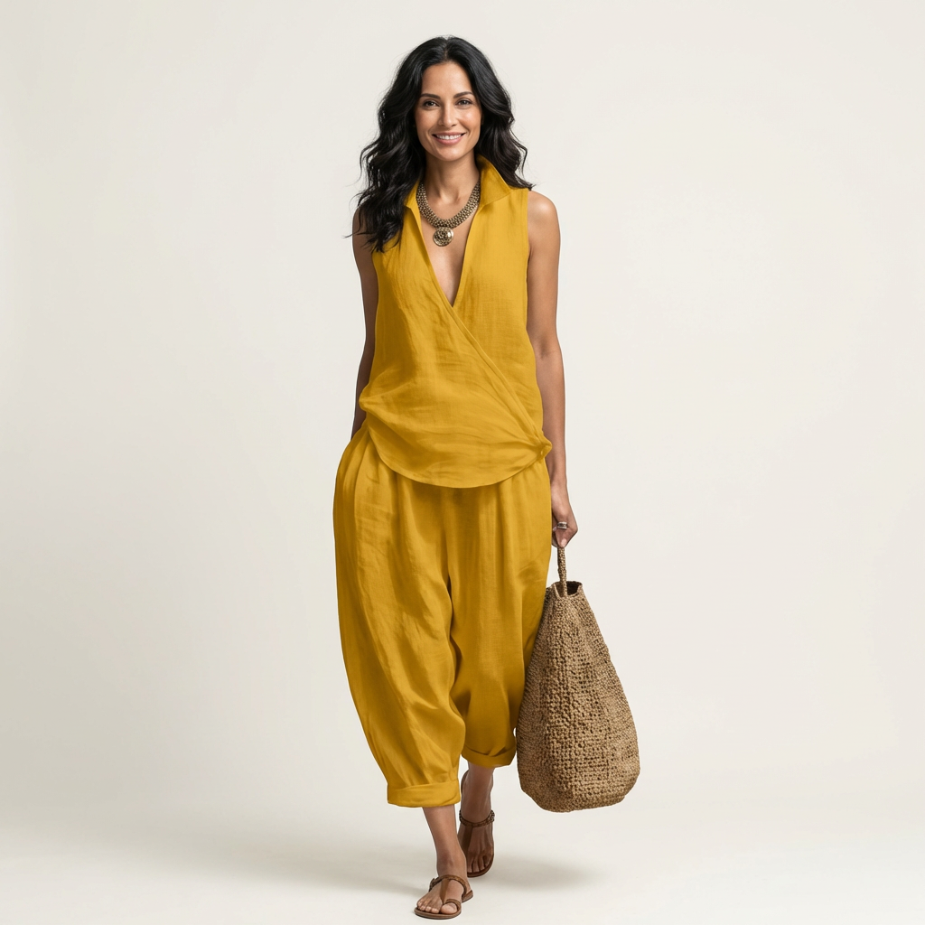 Collared Sleeveless Wrap Top and Wide Leg Pants Two Piece Set 9