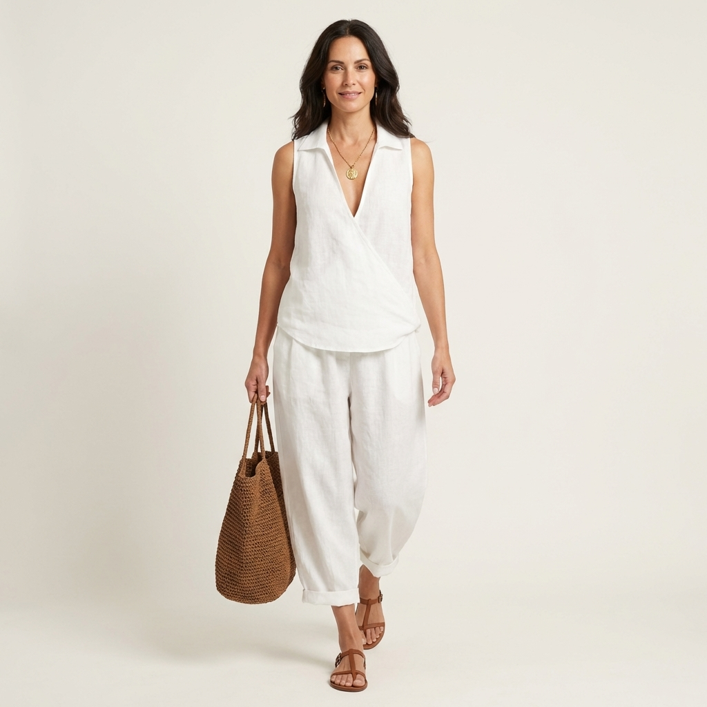 Collared Sleeveless Wrap Top and Wide Leg Pants Two Piece Set