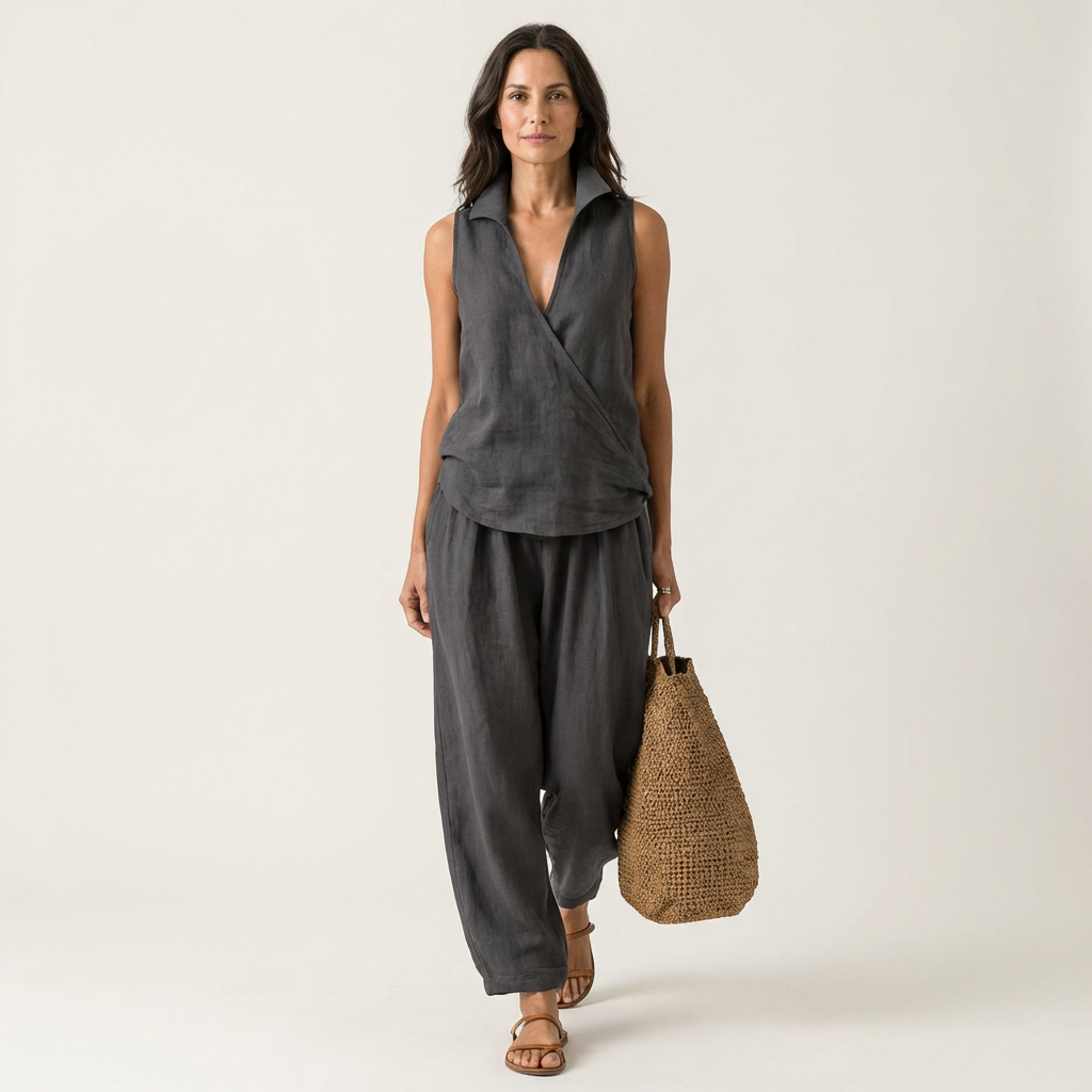 Collared Sleeveless Wrap Top and Wide Leg Pants Two Piece Set 7