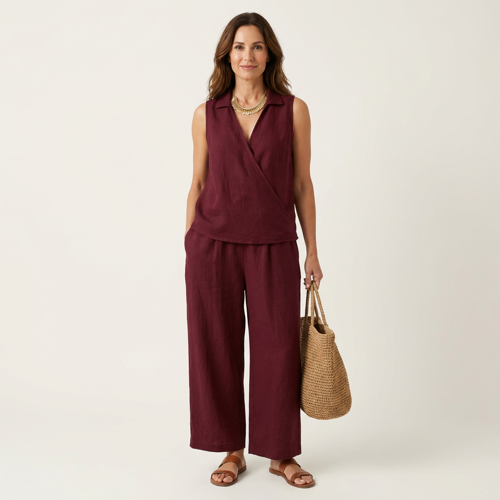 Collared Sleeveless Wrap Top and Wide Leg Pants Two Piece Set 3
